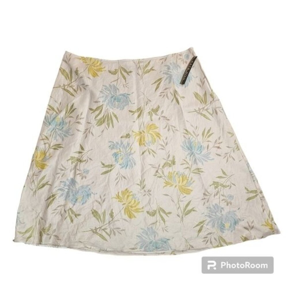 Kate Hill Silk Linen Midi A-Line Skirt 22W‎ Cream Floral Pastel Easter Coastal